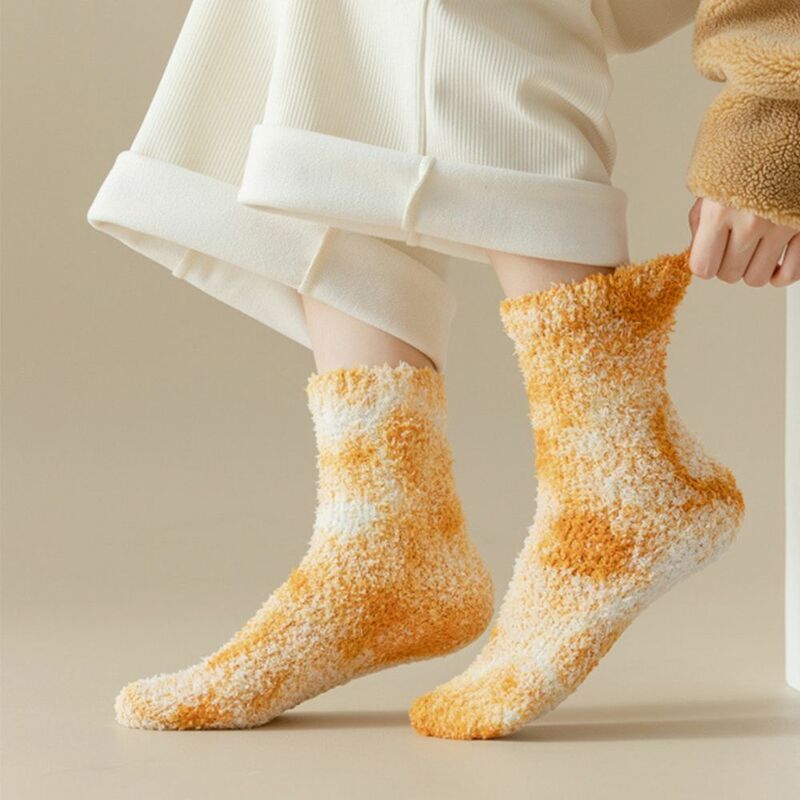 Tie Dye Herfst Winter Koraal Fleece Indoor Thermische Sokken Koreaanse Stijl Sokken Kleding Accessoires Vrouwen Sokken Mid Tube Sokken
