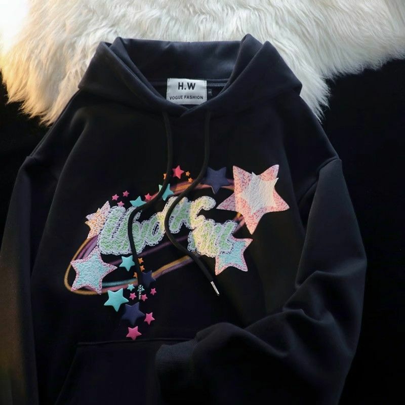アメリカのレトロなスタイルのニットセーター,5ポイントのプリントが施された女性用フード付きスウェットシャツ,春と秋,怠惰な風通しの良い,厚いコート,2023