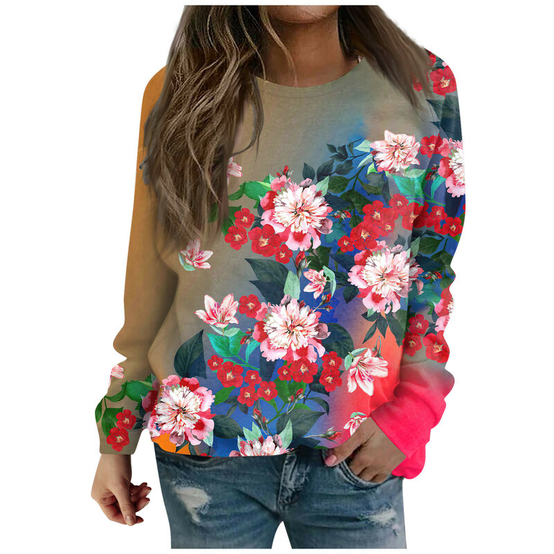 Women's round neck sweatshirt, flower theme print top, fashionable casual long sleeve T-shirt, autumn and winter, 2023