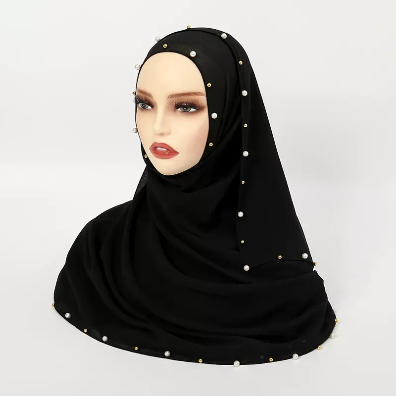 Muçulmano Bubble Chiffon Hijab Xaile, Ponto liso, Pérola Beads, Cachecóis Cadeia, Wraps, Praia, islâmico, Ramadan, Snood, Verão