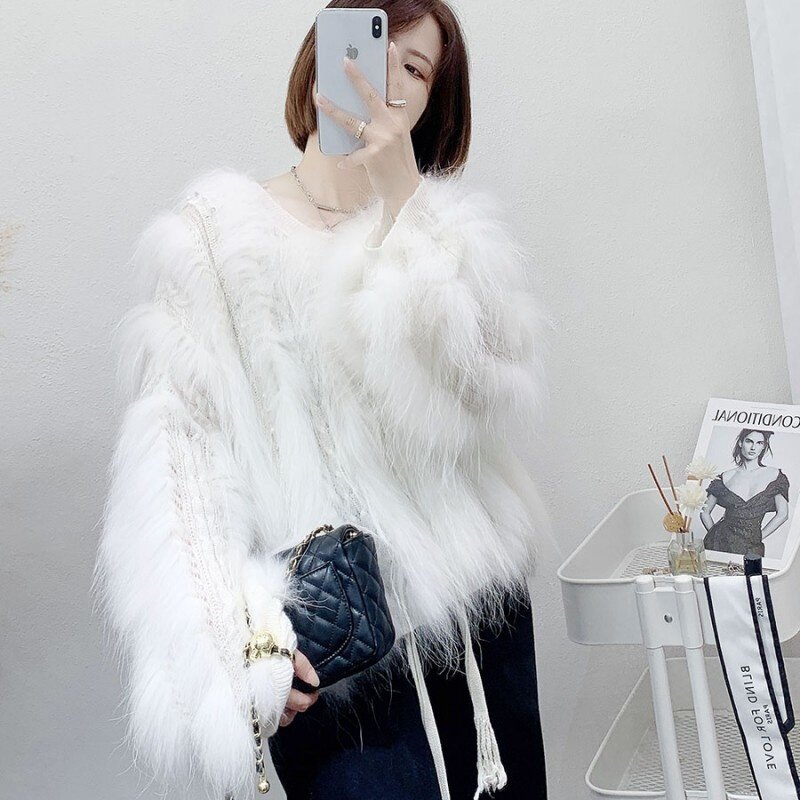 2023 Fall Winter New High-End Fashion Raccoon Fur Patchwork Knitting Pullover Women Loose Oversized Warm Thick Furry Sweater