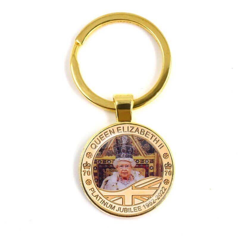 2022 الملكة إليزابيث الثانية 70th الذكرى عملة صور الزجاج كابوشون المفاتيح مطلية بالذهب معدن كيرينغ هدية