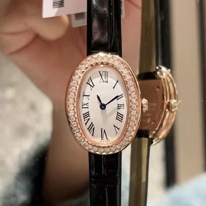 Reloj de cuarzo ovalado de diamante vintage para mujer, reloj de espejo de cristal de cinturón de ganado, reloj elegante de lujo, moda de diseñador, nuevo, 2024