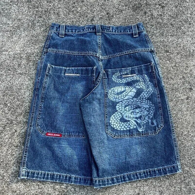 Celana pendek wanita, bergaya jalanan Hip-hop Retro Jeans Y2k cetakan kartun dicuci trendi merek serbaguna celana lurus ukuran besar