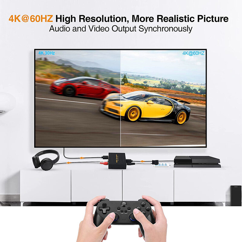 Konverter ekstraktor Audio HD-MI, konverter HD Ke HD + Audio (Stereo SPDIF + RCA L/R) untuk stik api Xbox PS5 mendukung 3D HDCP2.2 18Gpbs