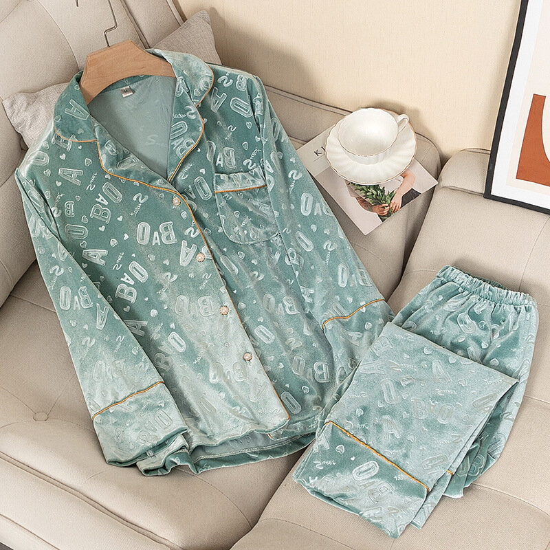 Conjunto pijama de veludo lapela feminino, roupa de casa, pijama feminino casual solto, estampa carta azul, outono