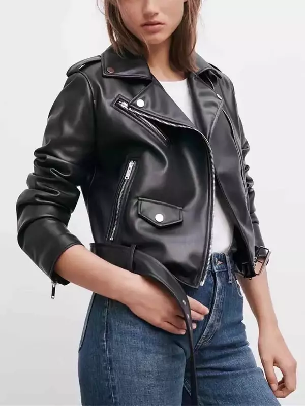 Chaqueta de cuero artificial para mujer, abrigo Vintage de manga larga, prendas de vestir exteriores elegantes, 2023