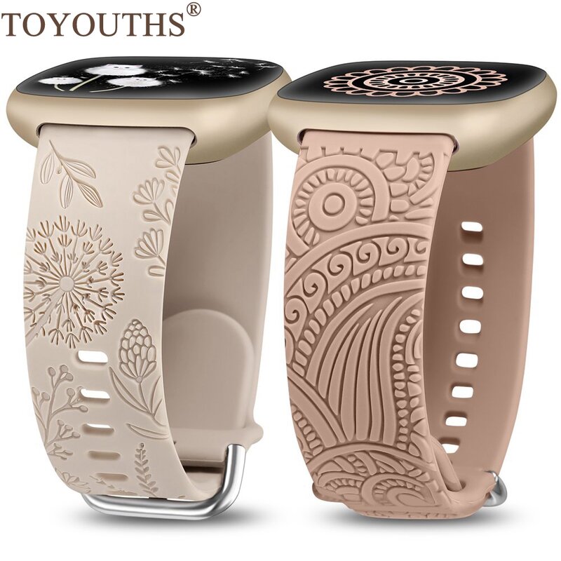 UTHS-Bracelet gravé floral pour Fitbit Versa 4, Versa 3, fouet 2, bracelet de sport en silicone, henné, pissenlit, hommes et femmes, 2 paquets