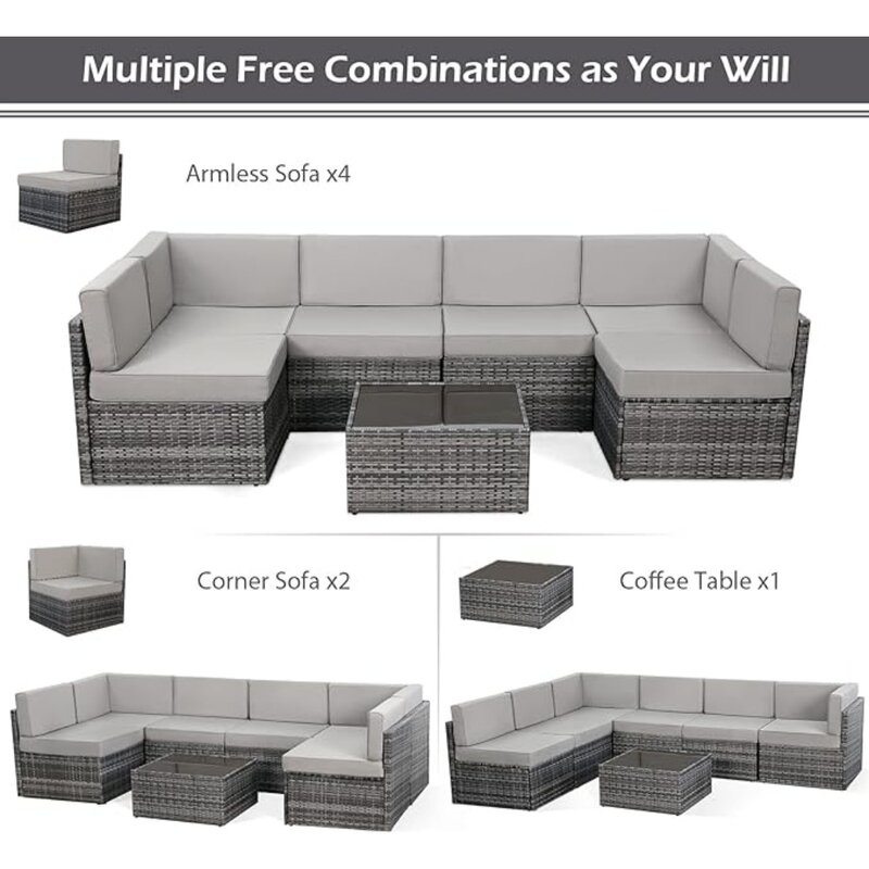 7 Pieces Patio Furniture Set, Modular Patio Set Wicker Outdoor Sectional Sofa Set PE Rattan Wicker Patio Conversation Set