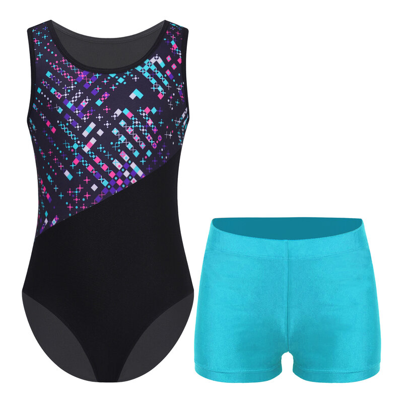 Two Pieces Kids Unisex Boys Girls Gymnastics Geometric Print Leotard Sleeveless Bodysuit with Shorts for Performance Competition