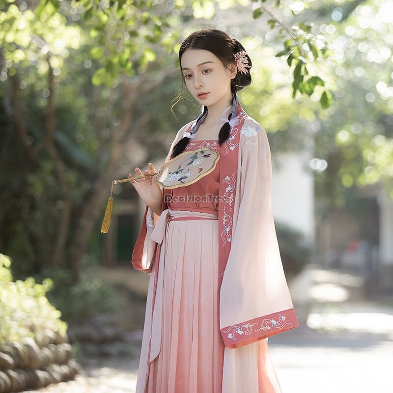 2024 chinese improved retro style Song dynasty Hanfu pleated skirt halter gradual color embroidery flower casual hanfu set w390