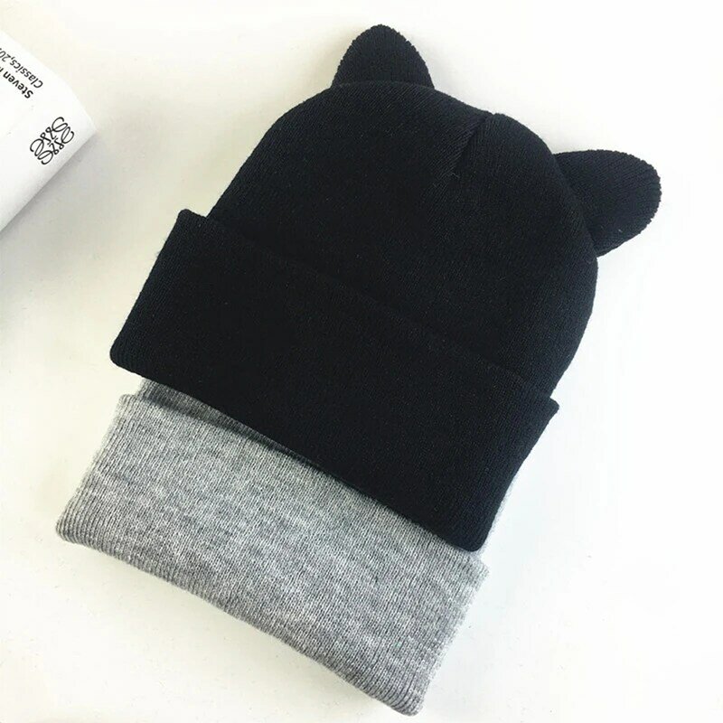 1PC Lovely Warm Winter Casual Skullies Beanies Hat Hot Fashion Design Wool Cap Hat Gray White Cute Cat Ears Knitted Hat