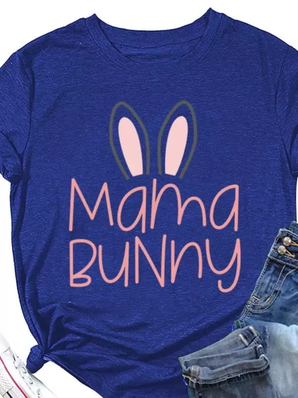 Camisetas de algodón puro para mujer, ropa de calle con estampado de Orejas de conejo de mamá, Camiseta holgada de manga corta con cuello redondo, camisetas para mujer
