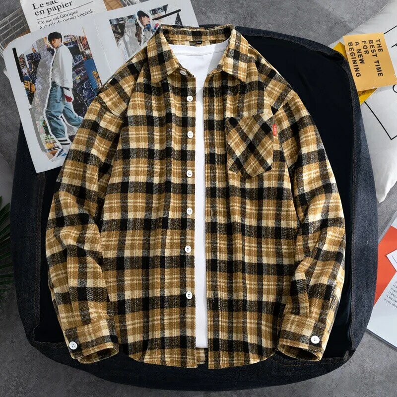 Camisa de manga comprida xadrez solta, camisa nova moda juvenil, tamanho grande, para primavera e outono, L 9XL