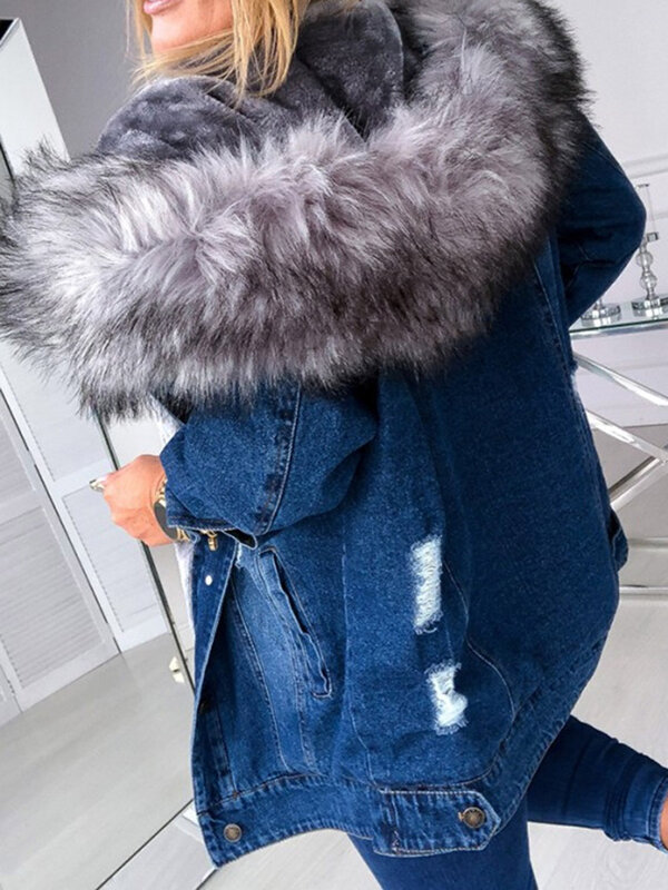 Kurtka dżinsowa damska ciepłe sztuczne futro Oversized odzież wierzchnia z kapturem odzież damska na jesień zima w całości zapinana na guziki długie płaszcz z rękawami