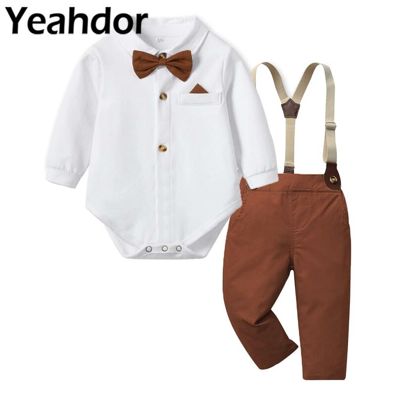 Одежда для маленьких мальчиков, комбинезон с длинным рукавом и брюки на подтяжках, джентльменский костюм на день рождения, Детские комплекты одежды для крещения