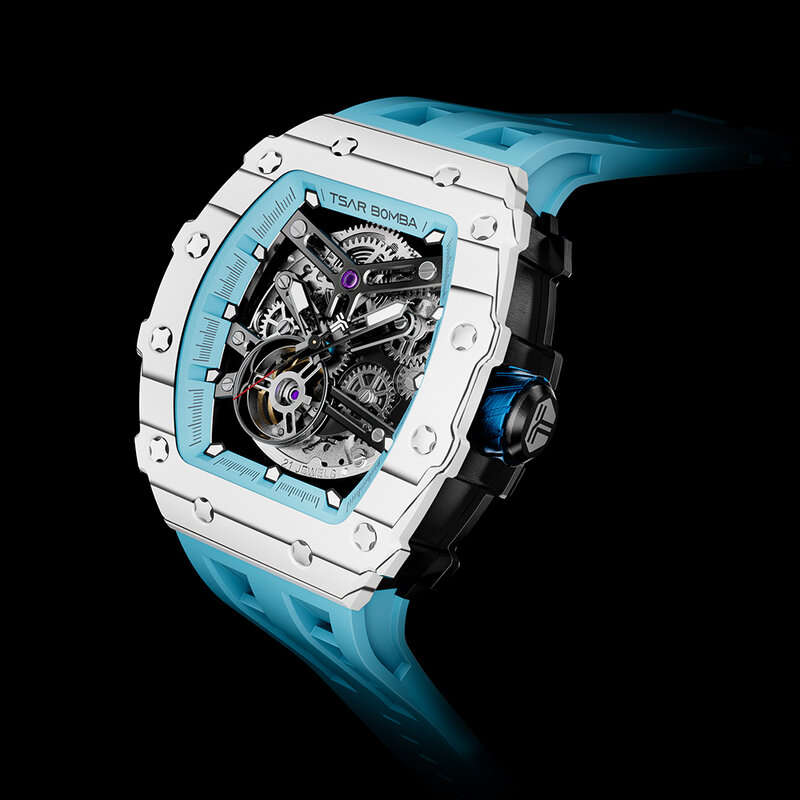TSAR BOMBA 새로운 자동 시계 남자 탄소 섬유 베젤 해골 럭셔리 기계식 시계, 방수 남자 손목 시계 2024