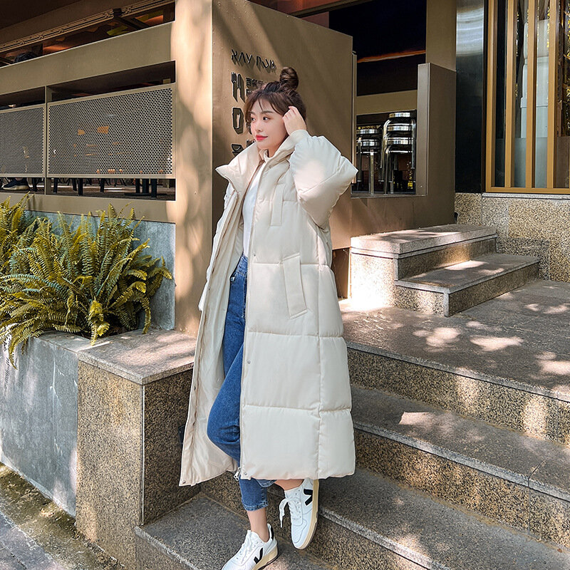 2023 Korean Jacket Women Winter X-long Parkas Solid Hooded Thicken Warm Female Snow Wear Coat Padded Loose Clothes