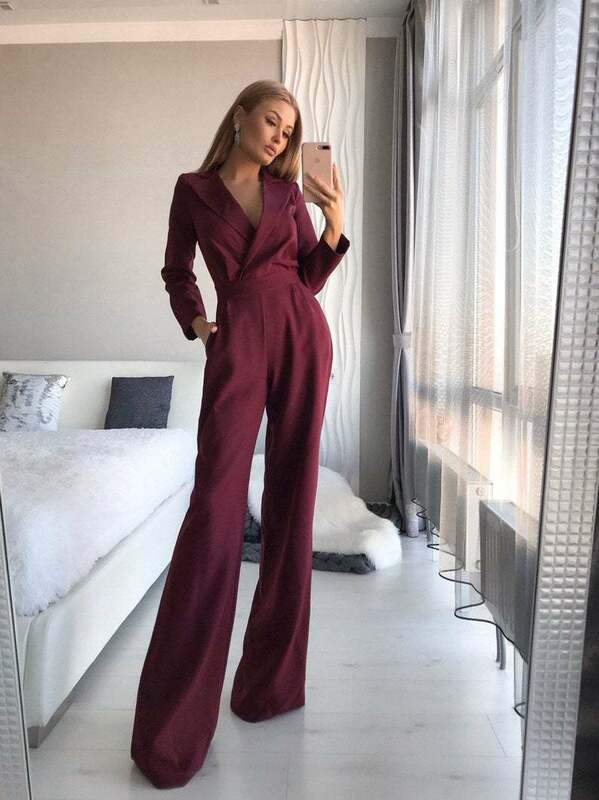 New women's formal banquet long sleeve solid color casual wine red pants jumpsuit