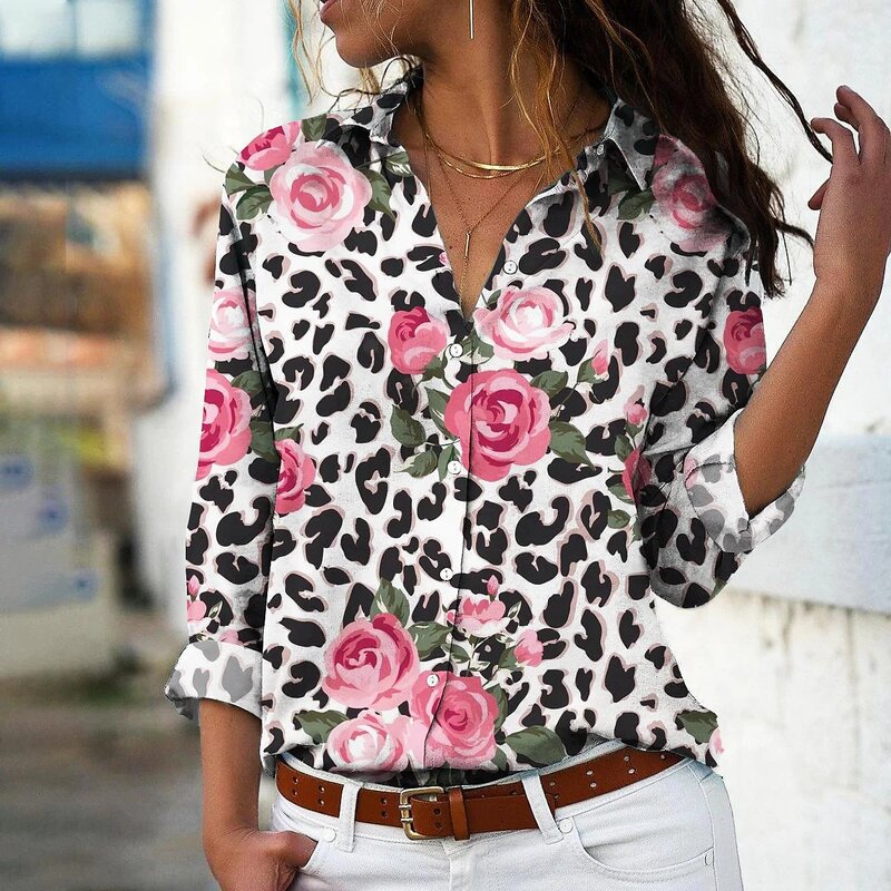 Camisa con estampado Floral para mujer, Blusa de manga larga con cuello en V, botones, Estilo Vintage, elegante, para todos los días, Primavera, XS-8XL, 2023