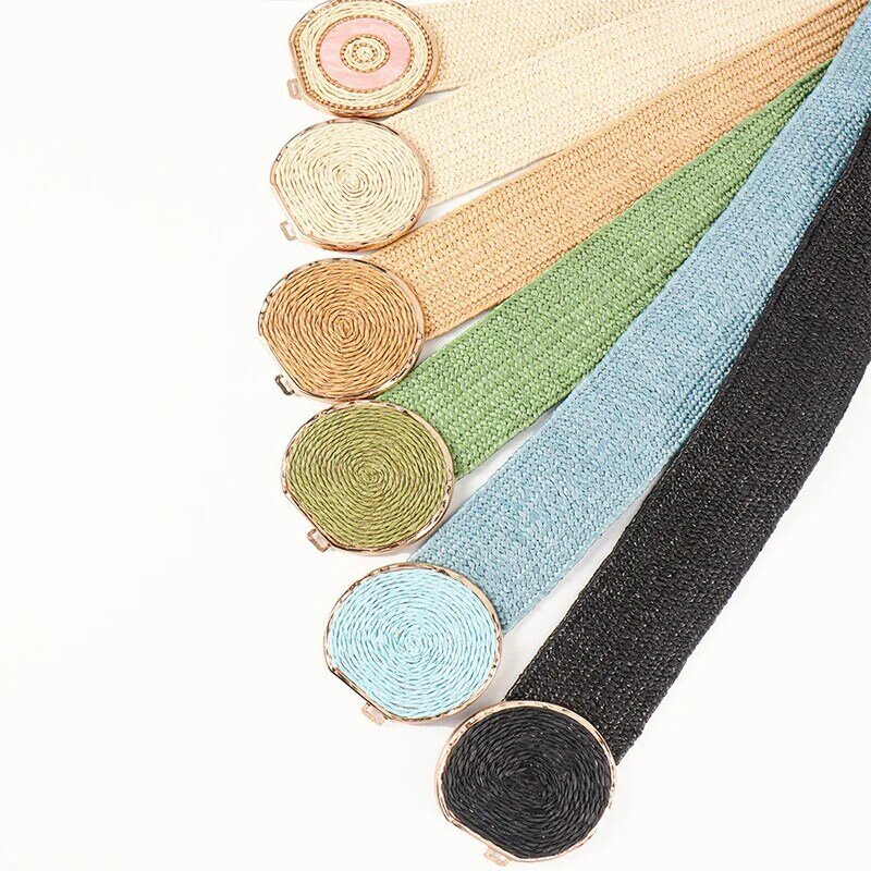 Cinturón elástico Multicolor para mujer, correa de cintura con hebilla redonda, tejido de paja PP, decoración de vestido, abrigo, Jeans, moda