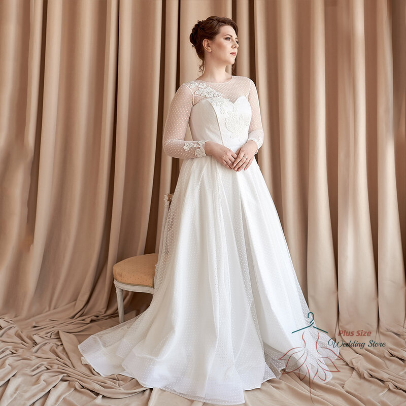 Klassisches Hochzeits kleid für Frauen 2023 O-Ausschnitt volle Ärmel Spitze Applikation Brautkleid Tüll A-Linie Sweep Zug Robe de Mariée
