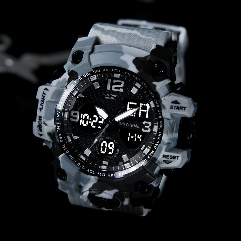 Shiyunme assistir homens esporte militar dual time display digital de quartzo relógios 50m à prova d' água auto data semana cronômetro часы reloj
