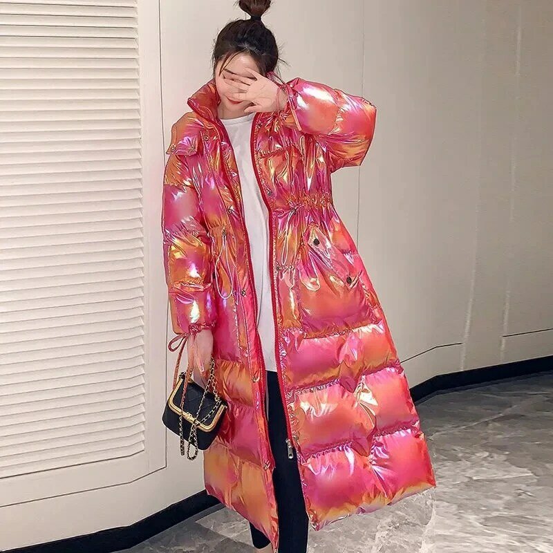 Cotton Jacket Womens 2022 Autumn Winter New Bright Colorful Wash-free Down Cotton Coat Women Hooded Long Over Knee Thick Parkas
