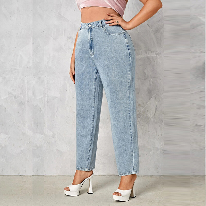 Jeans Wanita Ukuran Plus Musim Gugur Biru Gelap Tinggi 175Cm Elastis dan Longgar Mencuci Lurus 6XL 100Kgs Kurva Celana Denim Wanita Tipis