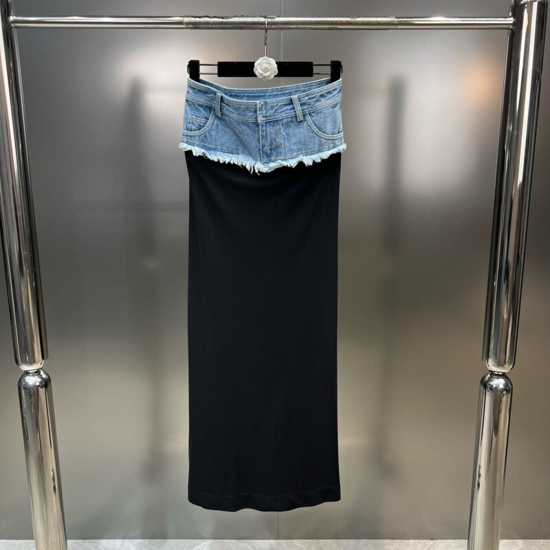 Faldas vaqueras de retazos de cintura alta, faldas informales ajustadas de dos piezas falsas negras que combinan con todo, novedad de verano 2024