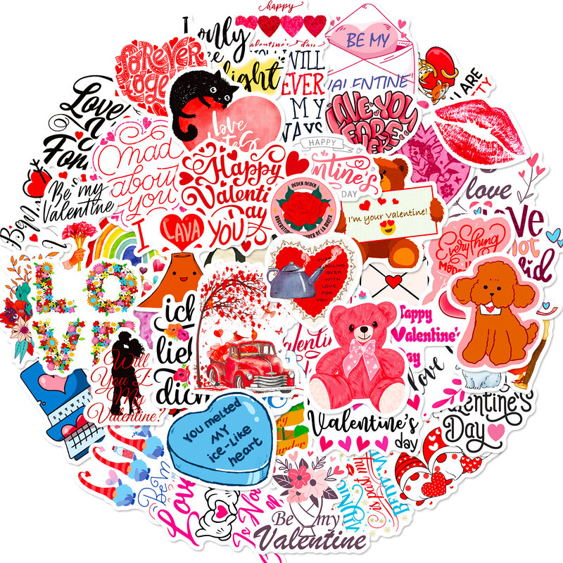 50 buah stiker grafiti seri Hari Valentine romantis, stiker mainan DIY Dekorasi Desktop helm Laptop