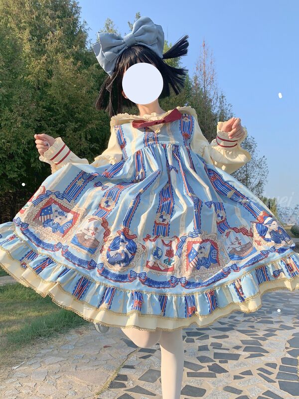 Lolita Kawaii urso estampado vestido de festa para mulheres, vestido de princesa azul babados, sisiter macio, traje de Halloween para meninas, vintage