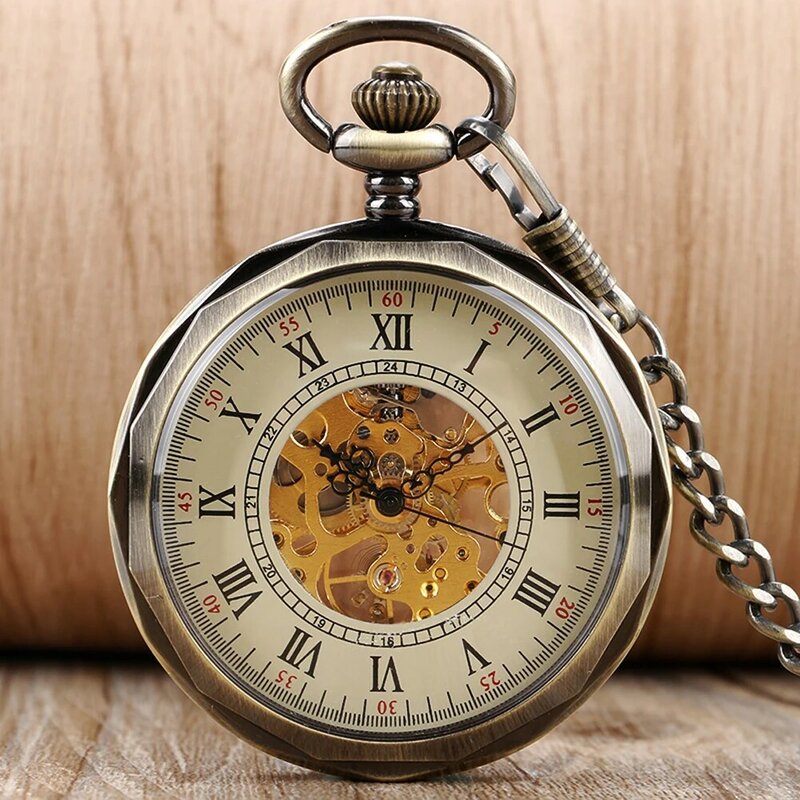 Reloj de bolsillo con números romanos para hombre, pulsera de mano mecánica de bronce con cara abierta, cadena de bolsillo Retro, colgante de moda antigua, regalo