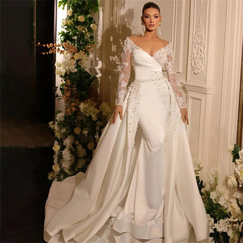 아름다운 A 라인 웨딩 드레스, 화려한 새틴 딥 브이넥 레이스 아플리케, 슬리밍 아름다운 모핑 비치 신부 가운, 2023