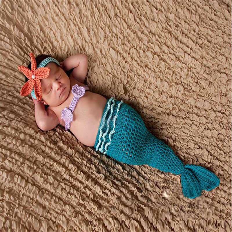 Sirena neonato fotografia abbigliamento lavorato a maglia per neonati, Set di copricapo per stelle marine, per accessori per oggetti di scena per riprese di foto in Studio