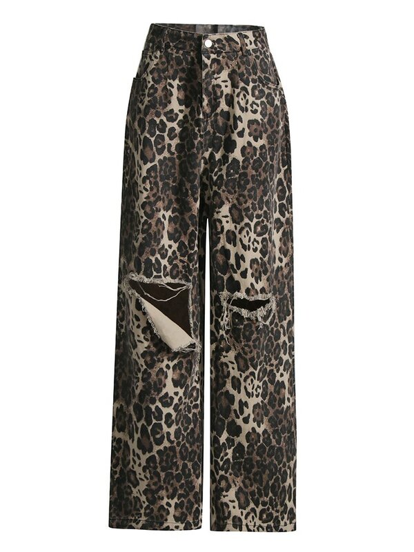 TWOTWINSTYLE 컬러 블록 표범 빈 데님 바지 여성용 높은 허리 접합 포켓 와이드 다리 청바지 여성 패션 새로운