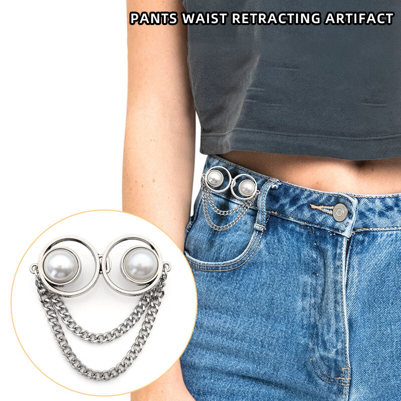 1PC Pearl Chain Pant Waist Tightener Reusable Metal Buttons Pearl Tassel Snap Fastener Pants Pin Retractable Sewing-on Buckles