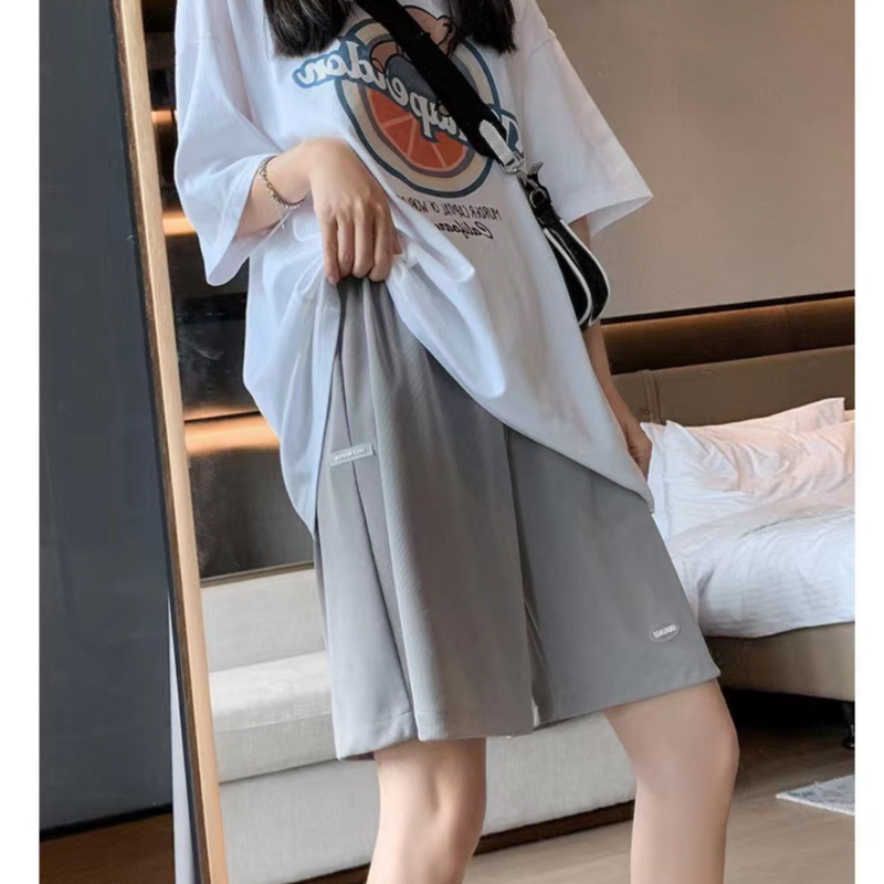 Shorts de níquel de cintura elástica para mulheres moletom de seda gelo, calção de perna reta solta, Terylene Bouncy, moda coreana