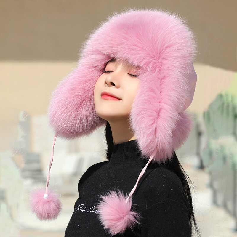 本物のキツネの毛皮の帽子,女性の冬の帽子,暖かい耳の保護,ロシア帽,天然のアライグマの毛皮のキャップ,雪のボンバーポン