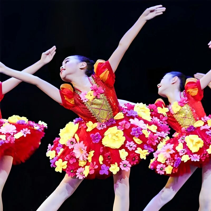 Rotes Tanz Performance Kostüm für Mädchen geschwollenen Tüllrock mit Prinzessin Pailletten Blütenblatt Kleid mit Stirnband