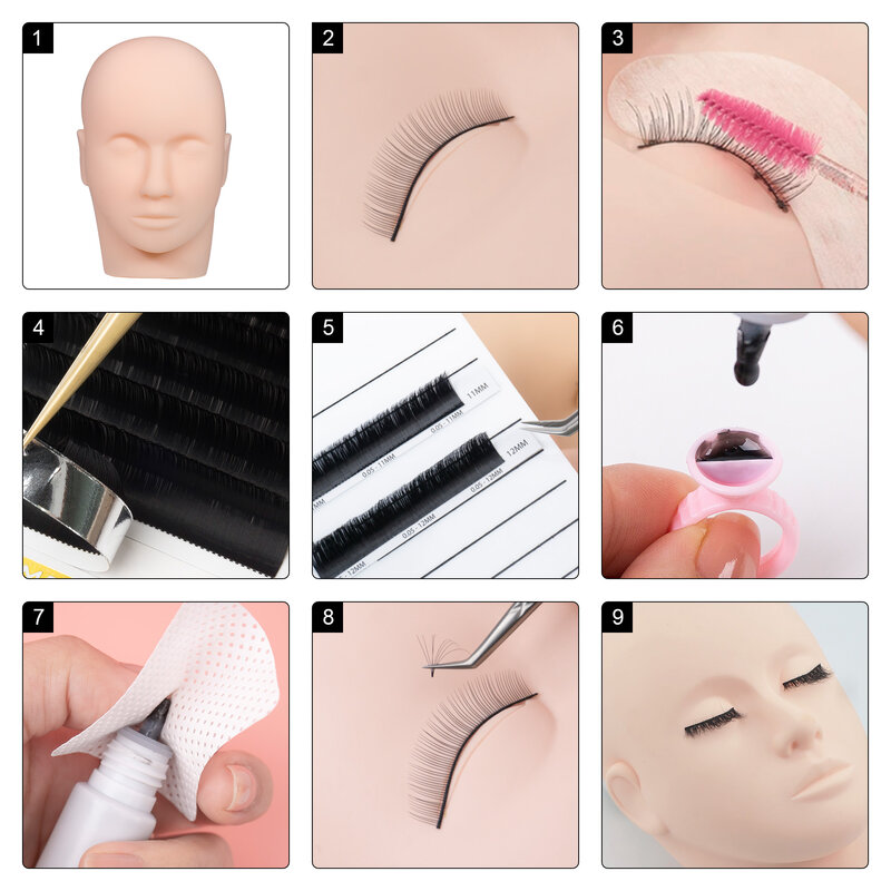Comelylash falso cílios extensão kit de treinamento prática modelo cabeça olho almofadas pinças anel de cola escova enxertia cílios ferramentas kit