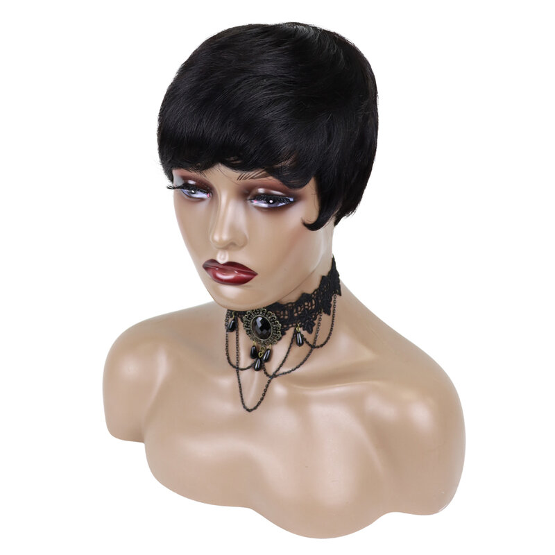 Cabelo humano curto perucas pixie corte em linha reta para preto mulher máquina feita perucas com franja barato glueless peruca cor natural bob perucas