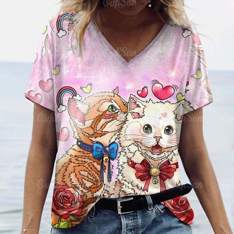 เสื้อยืดฤดูร้อนแฟชั่นแขนสั้นคอวีหลวมสำหรับผู้หญิง, Kaus binatang การ์ตูนใหม่