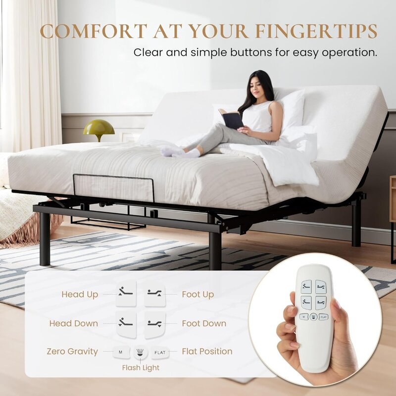 Electric Ergonomic Adjustable Bed Base Queen Size, Independent Head and Foot Incline, Wireless Remote Control with Quiet Motor