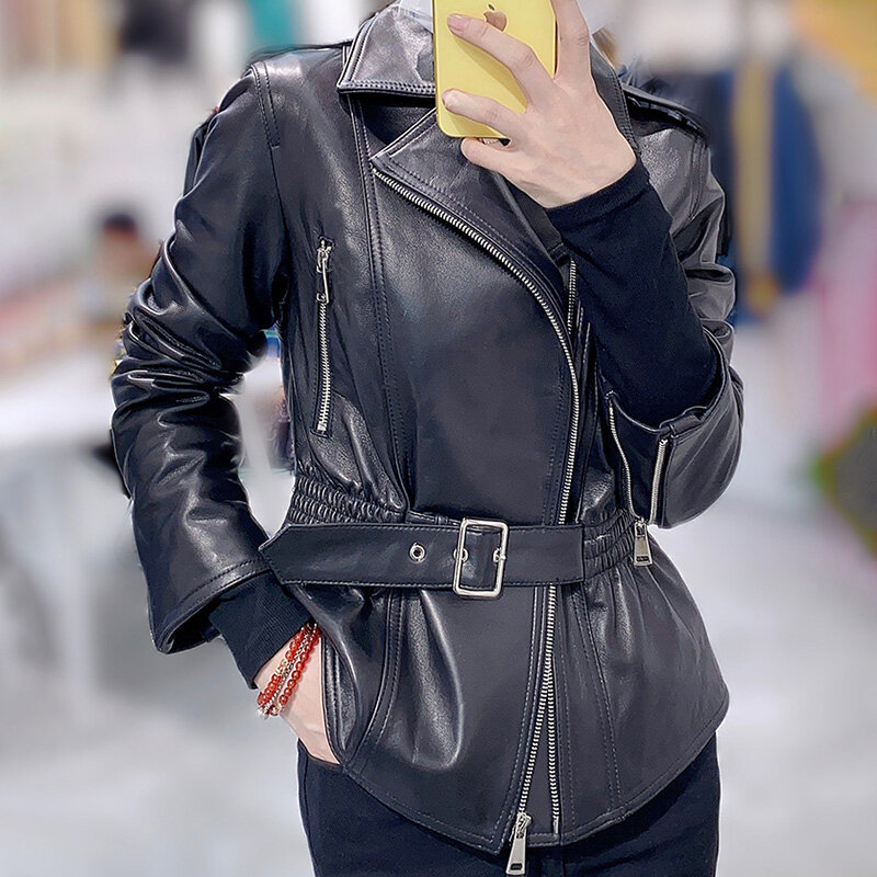 Jaqueta de couro genuíno feminino turn down collar casaco de pele carneiro cinto de manga completa jaquetas biker lady streetwear fg5400