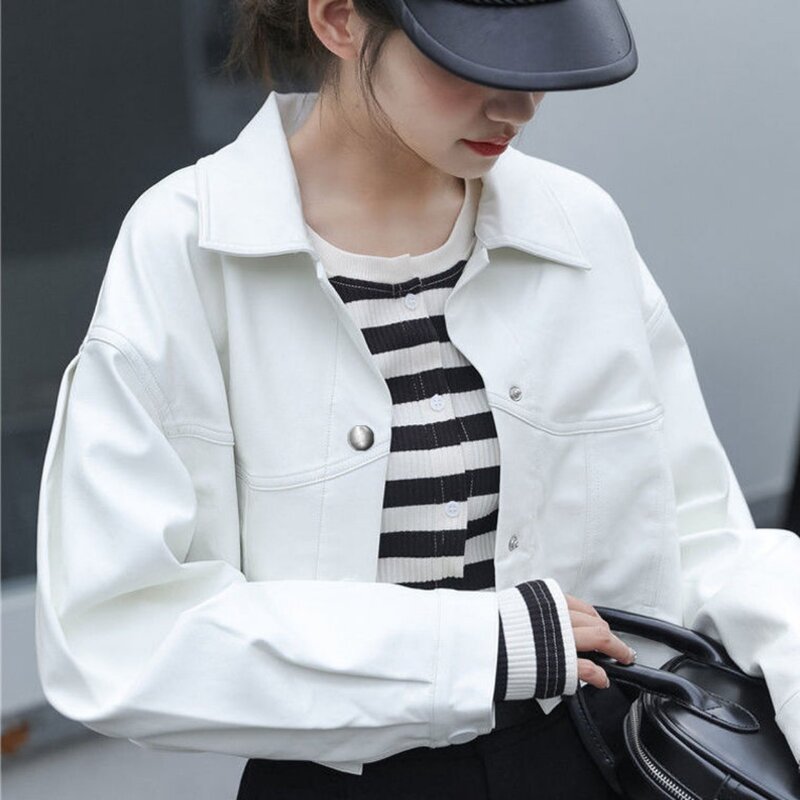 Jaqueta de couro falso de manga comprida feminina, jaqueta de motocicleta, moda coreana, tops cortados de botão, jaqueta bomber, primavera, outono