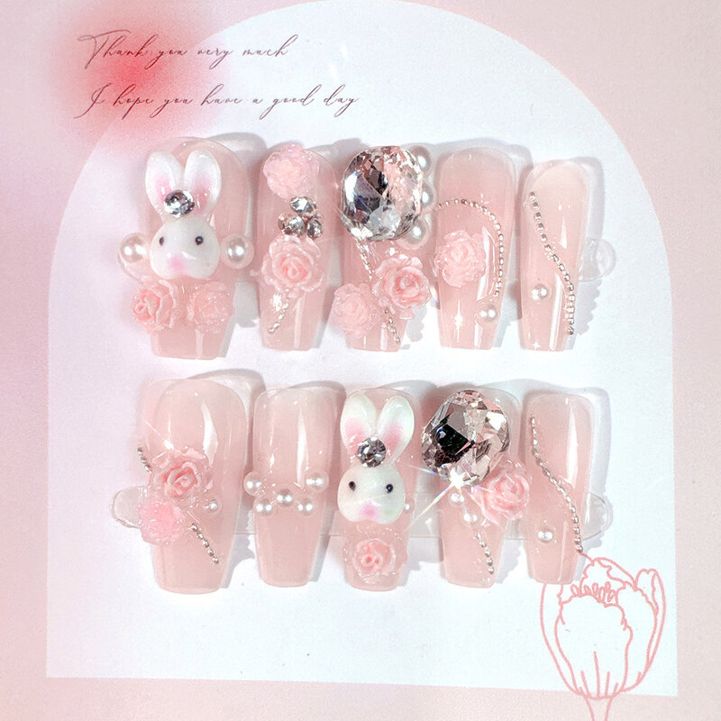 24pcs Cute Rabbit Press on Nails con fiore rosa strass copertura completa unghie finte artificiali acrilico unghie finte di alta qualità