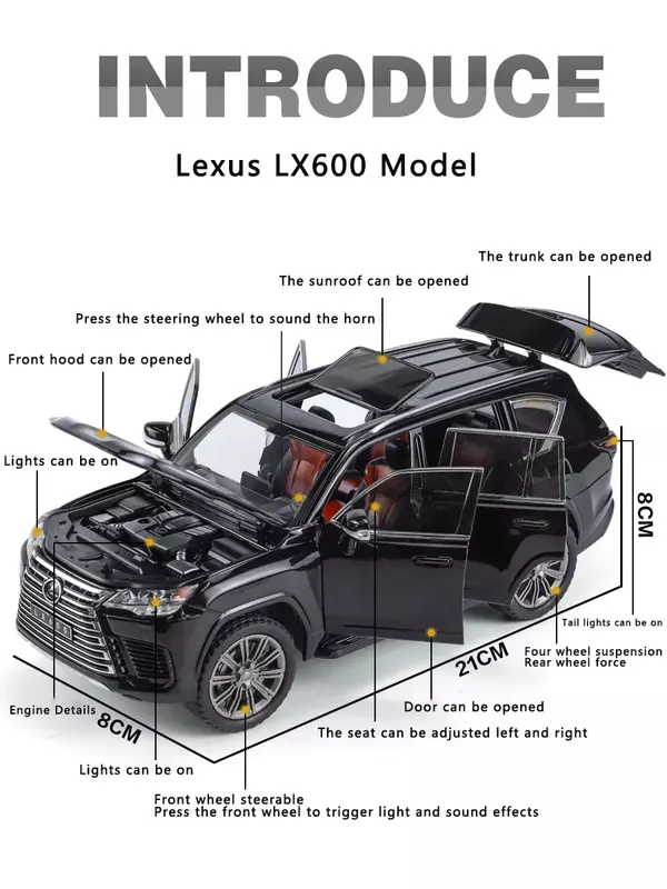 Modèle de voiture Lexus Lxfemale en alliage, simulation 1:24, son et lumière, nervure arrière, jouet de voiture, véhicule tout-terrain, collection garçon, cadeau de décoration