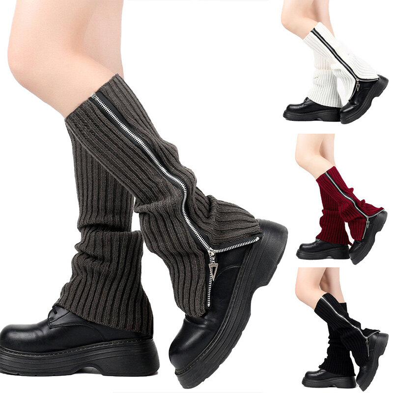 Zipper Leg Warmer for Women Girls Boot Cuff Long Socks Knitted Warm Foot Cover Punk Ankle Warmer Knee Length Socks Leg Warmer