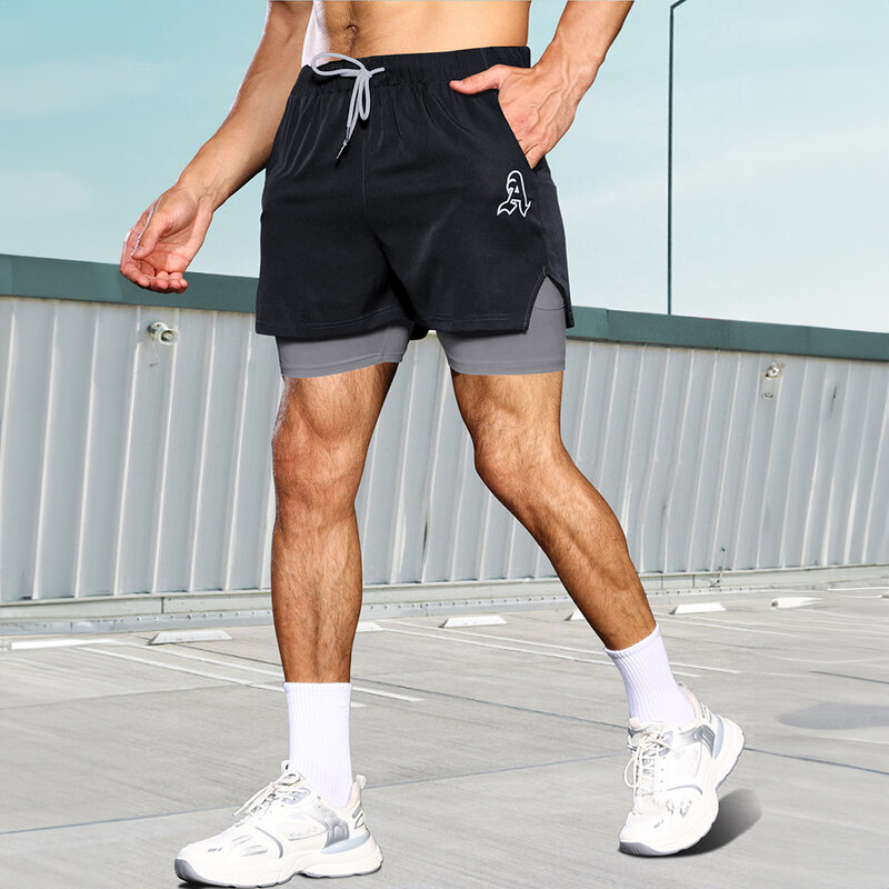 Шорты мужские спортивные 2-в-1 для бега, дышащие двухслойные штаны для фитнеса, с скрытыми карманами, летние шорты